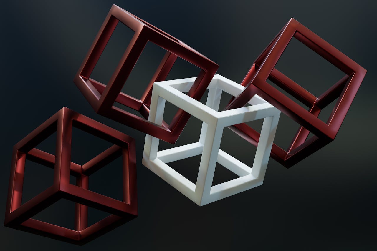 Dynamic 3D rendering of connected geometric cubes in an abstract style.